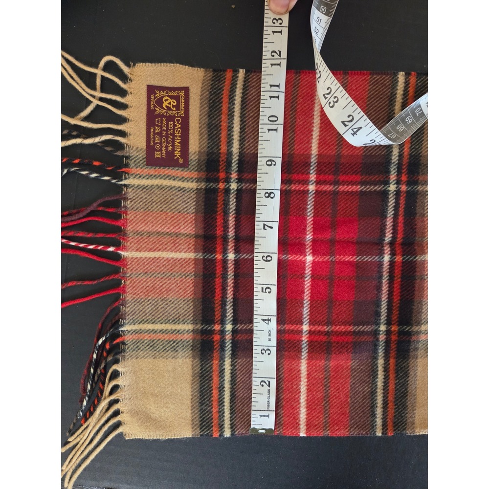 V. Fraas Cashmink Plaid Scarf Red Tan Black Made in Germany Fringed Soft
